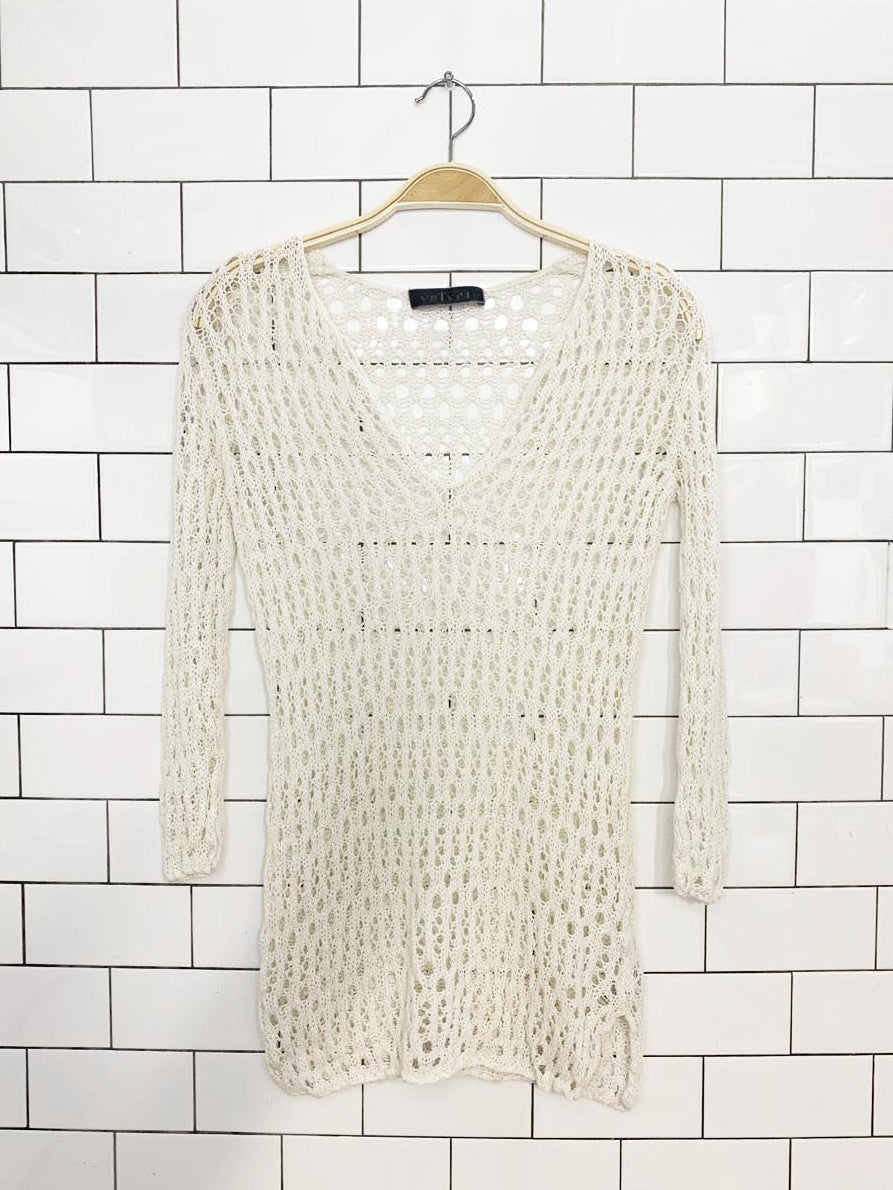 velvet linen-blend loose crochet knit v-neck top | graham & spencer | anthropologie