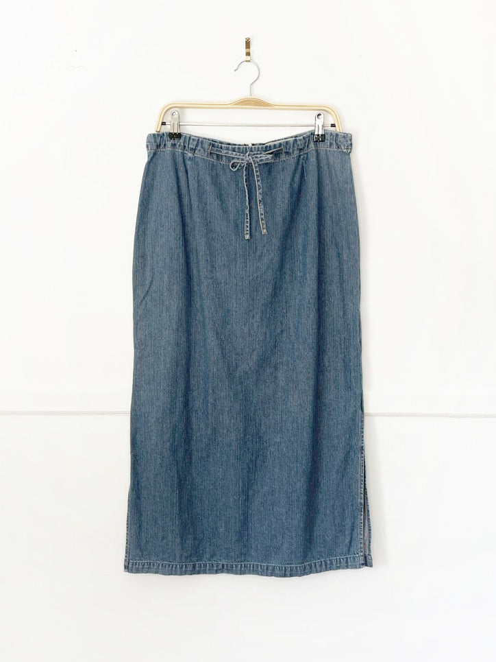 y2k london jean adjustable waist side slit maxi denim skirt