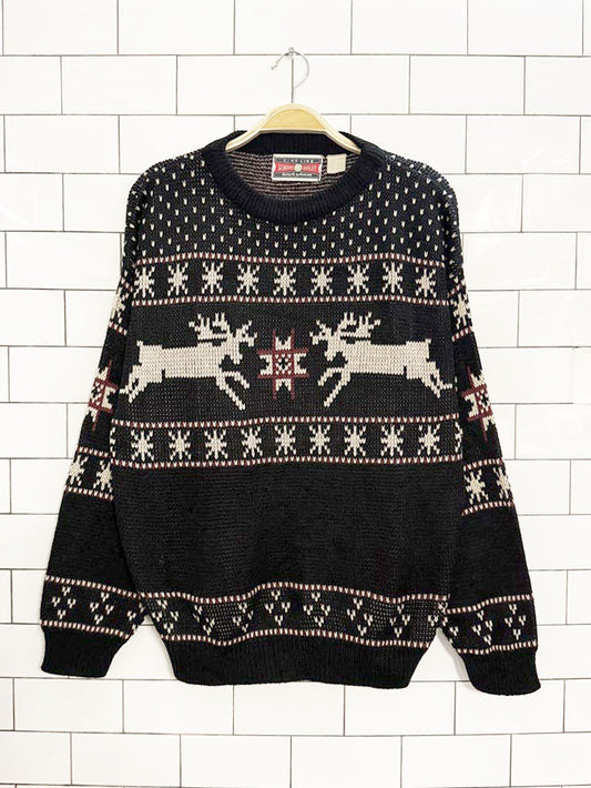 vintage 80s fine line reindeer fair isle knit sweater | genuine quality
