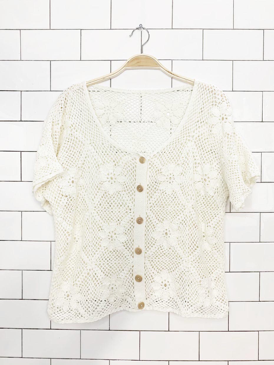 vintage crochet knit floral full button top