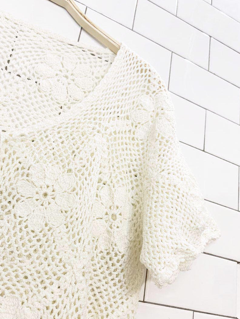 vintage crochet knit floral full button top