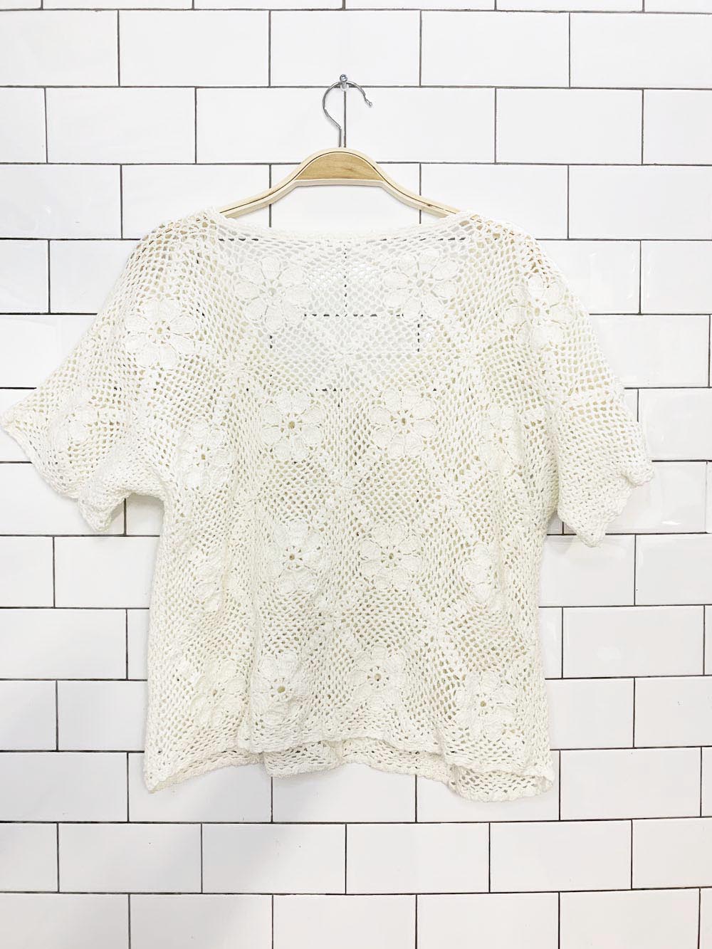 vintage crochet knit floral full button top