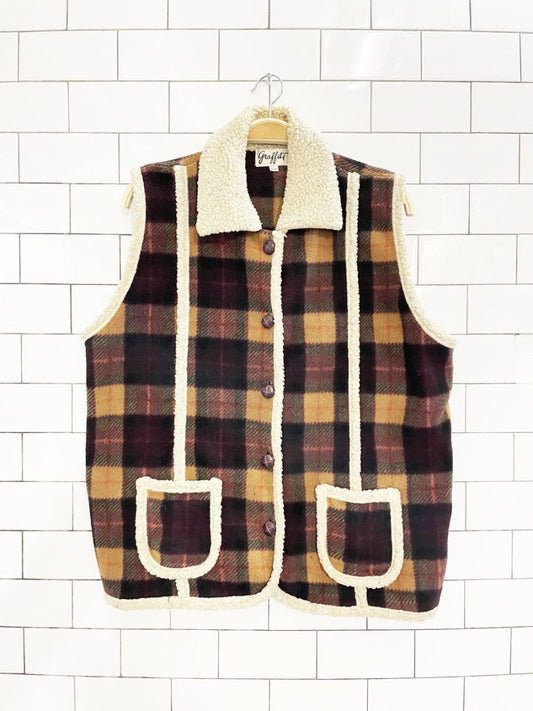 vintage 90s graffiti sherpa trim plaid fleece vest - good market thrift store