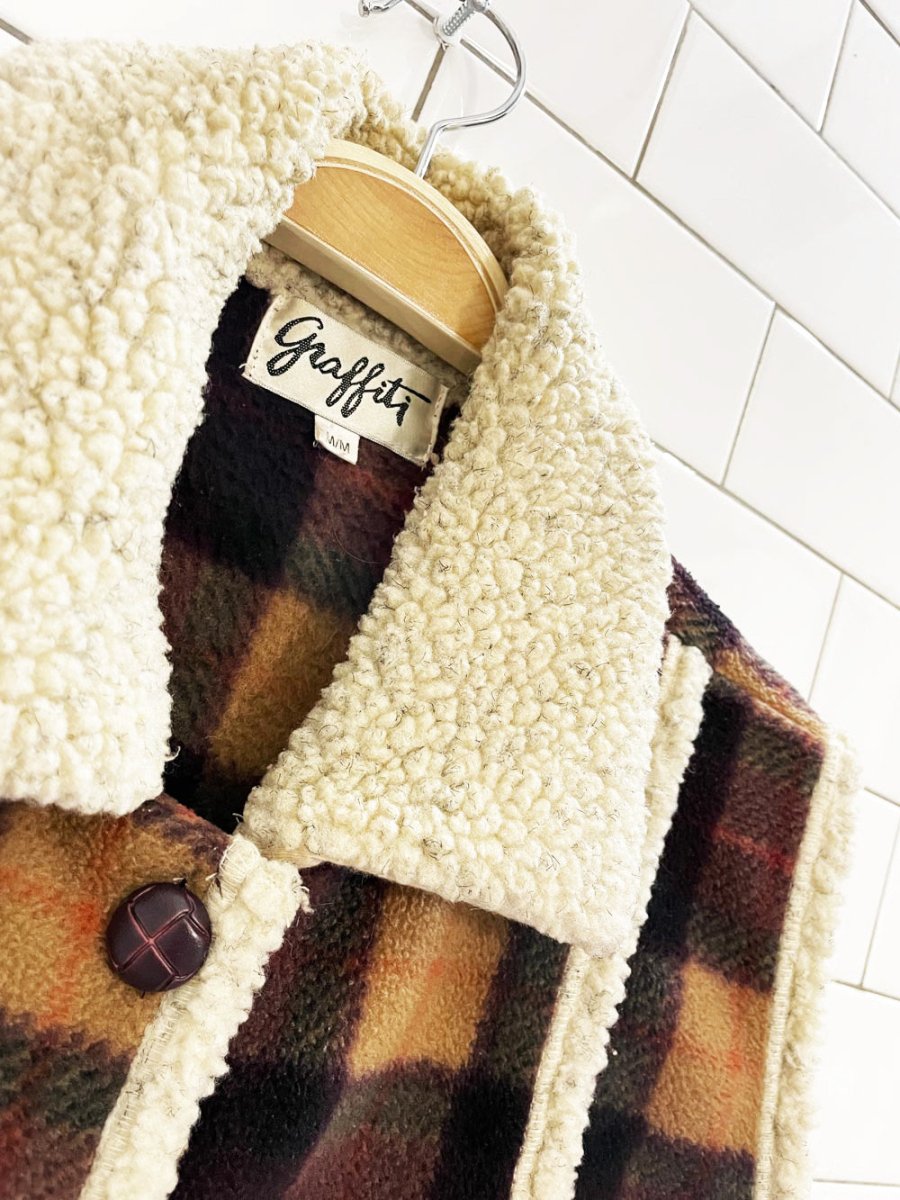 vintage 90s graffiti sherpa trim plaid fleece vest - good market thrift store