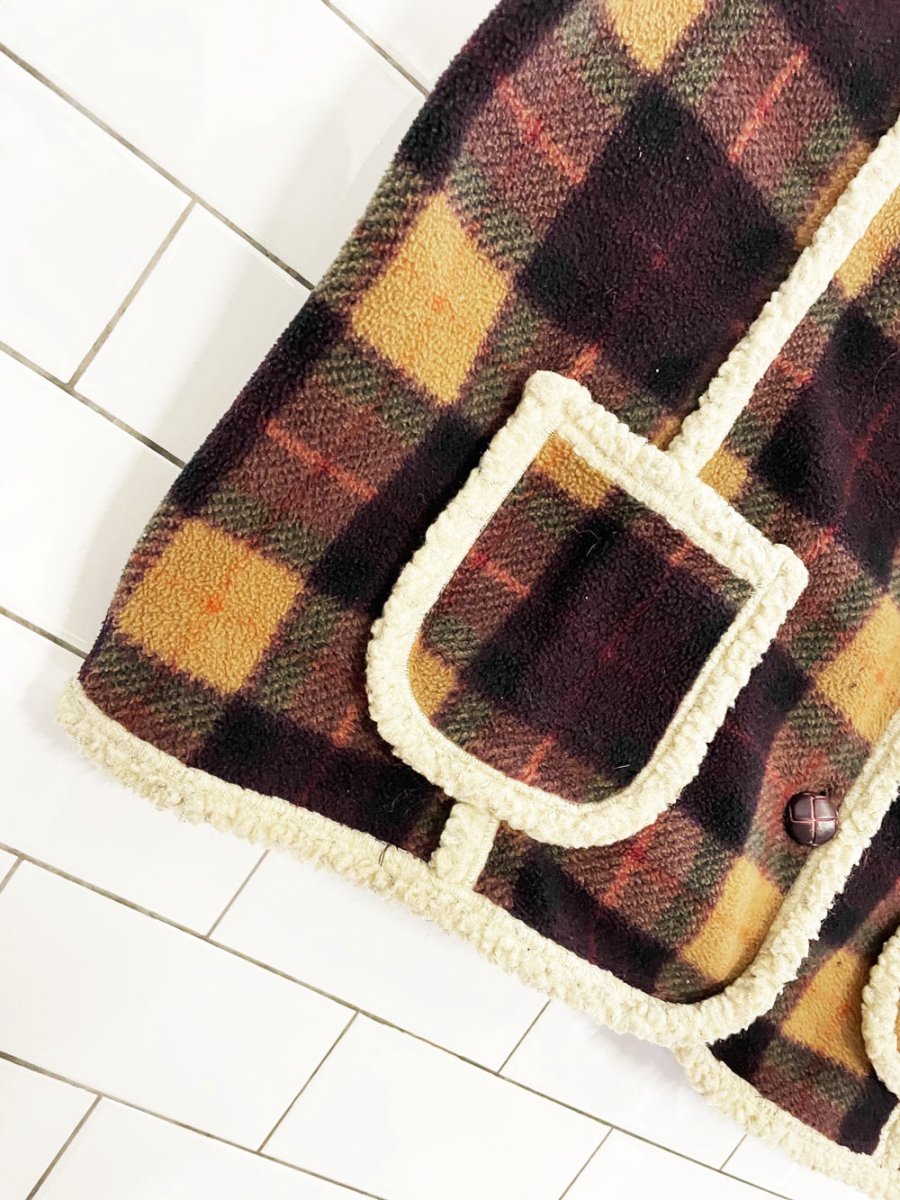 vintage 90s graffiti sherpa trim plaid fleece vest - good market thrift store