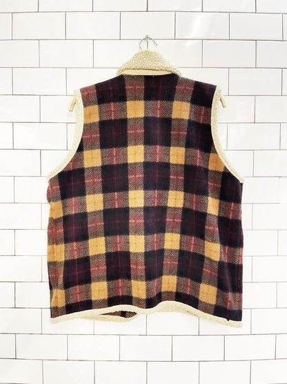 vintage 90s graffiti sherpa trim plaid fleece vest - good market thrift store