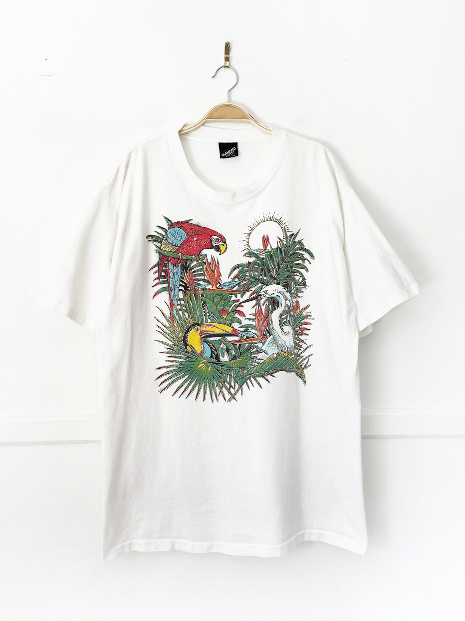 vintage 80s single stitch sparkly tropical bird print tee | made in usa | diamond dust