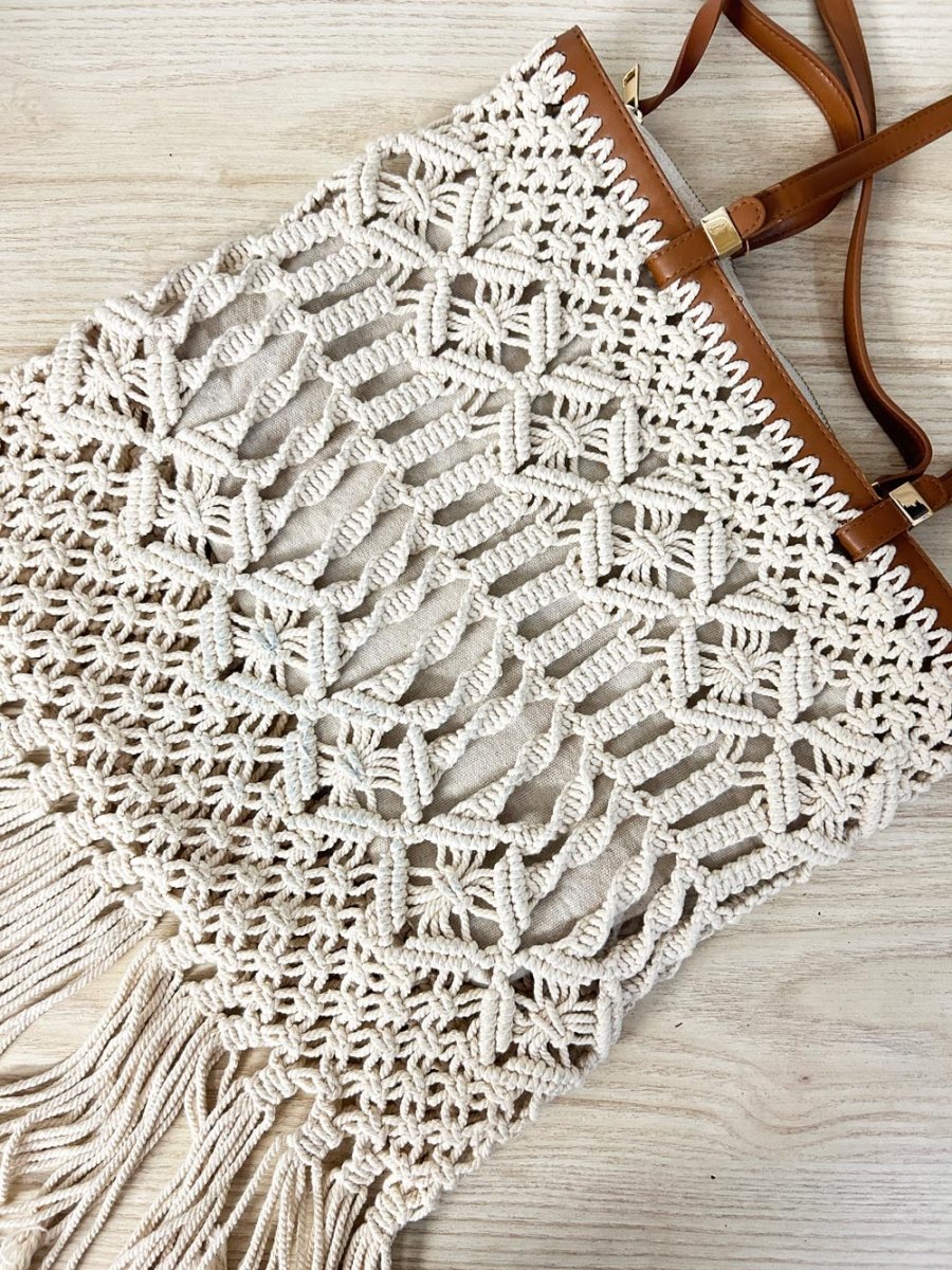 zara boho fringe crochet tote bag w zipper pouch - good market thrift store