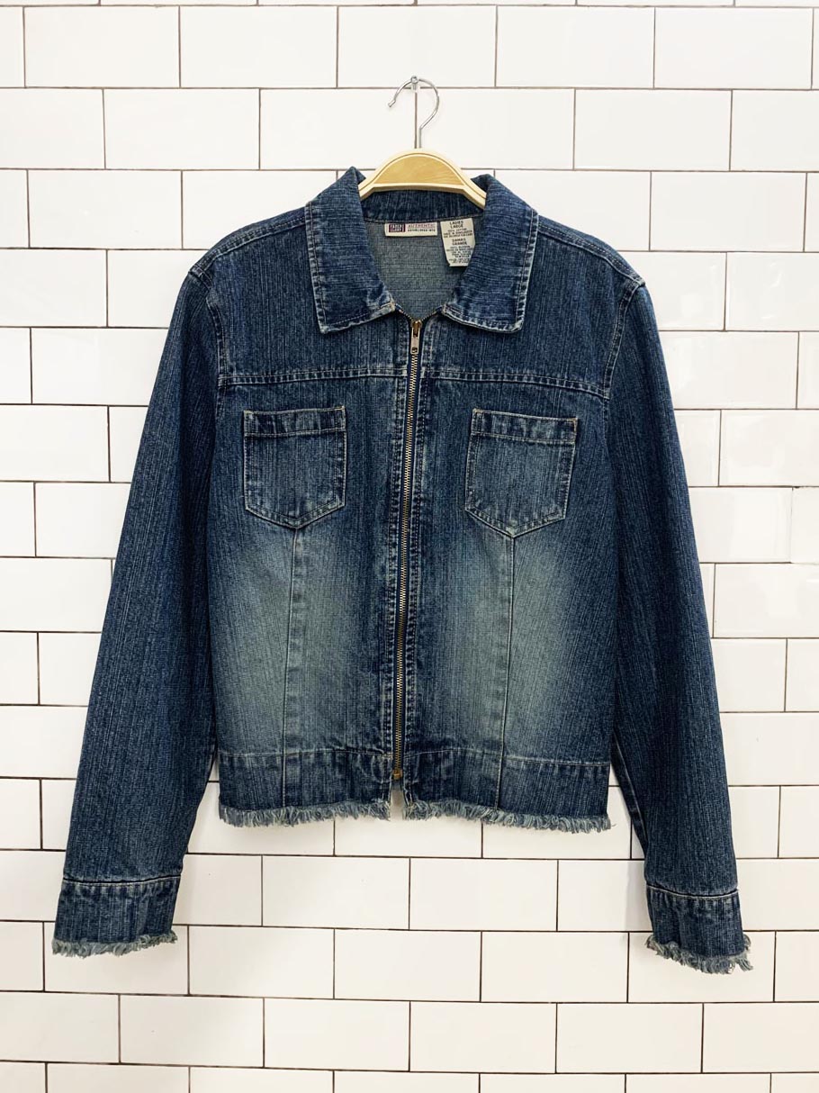 vintage 00s faded glory frayed trim full zip denim jacket