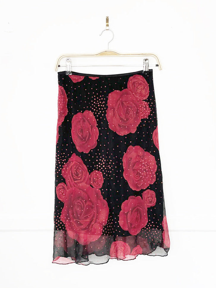 y2k exact change chiffon rose jewelled midi skirt