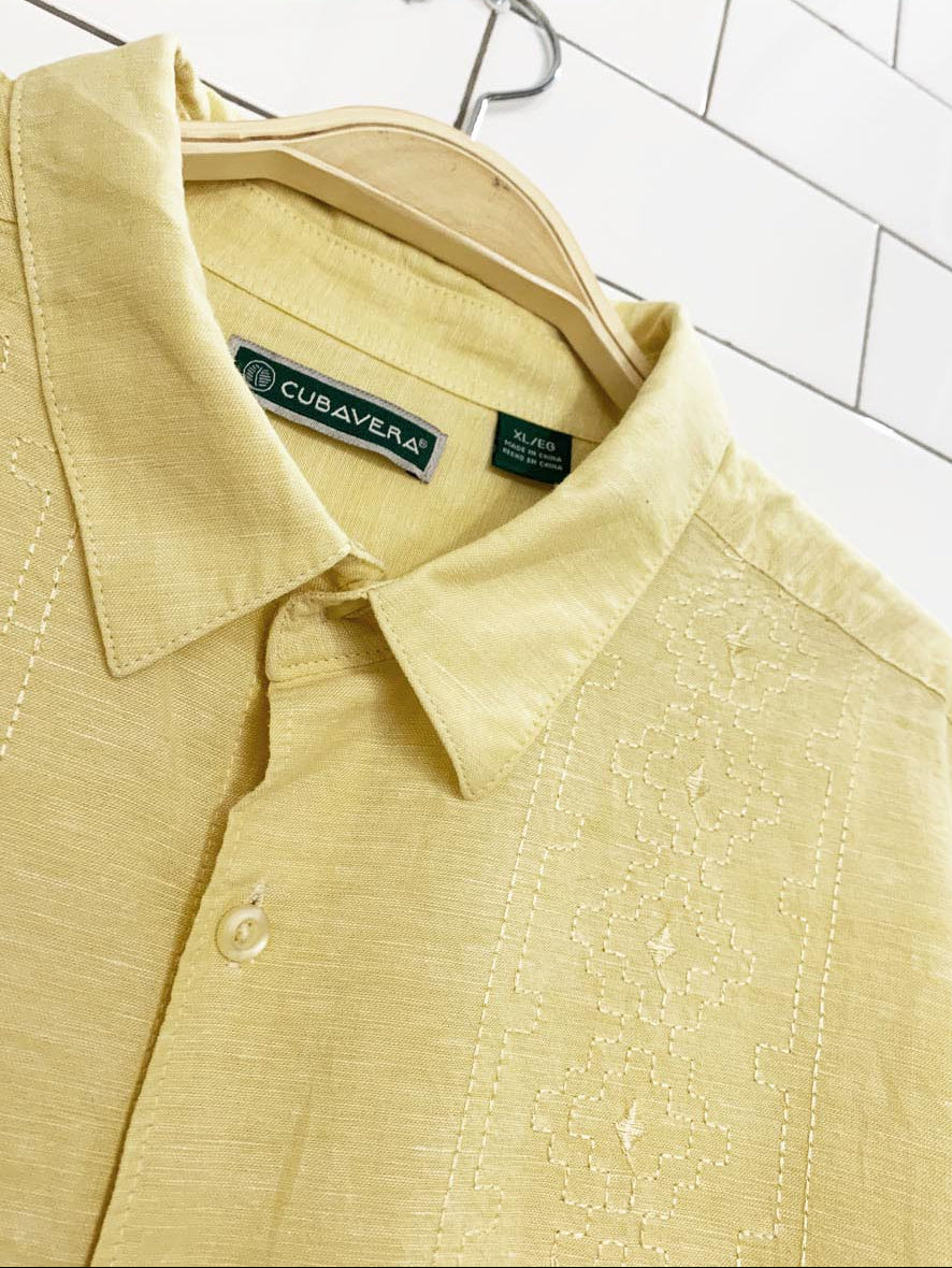 cubavera linen-blend embroidered full button cabana shirt