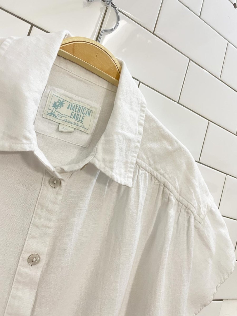 american eagle linen - blend oversized lace trim top - good market thrift store