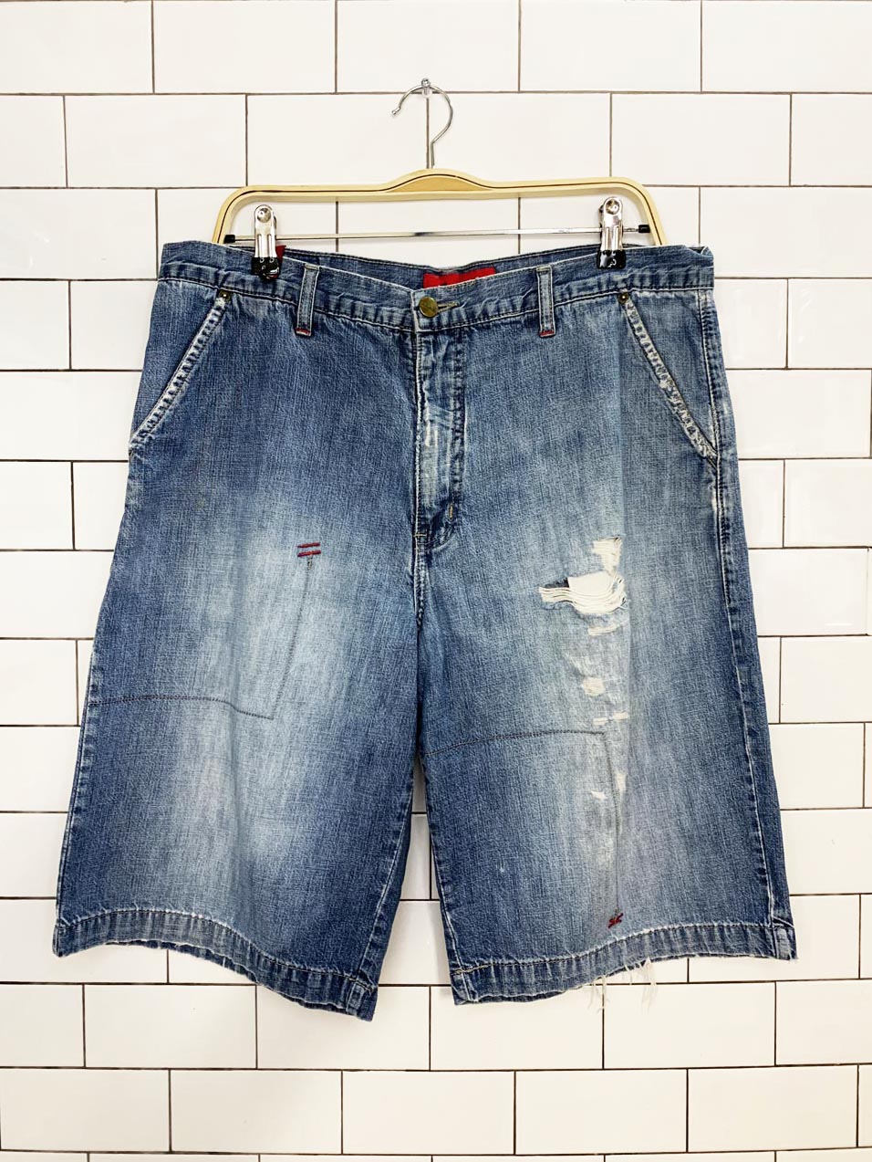 y2k bench 11 overhauled distressed long denim shorts