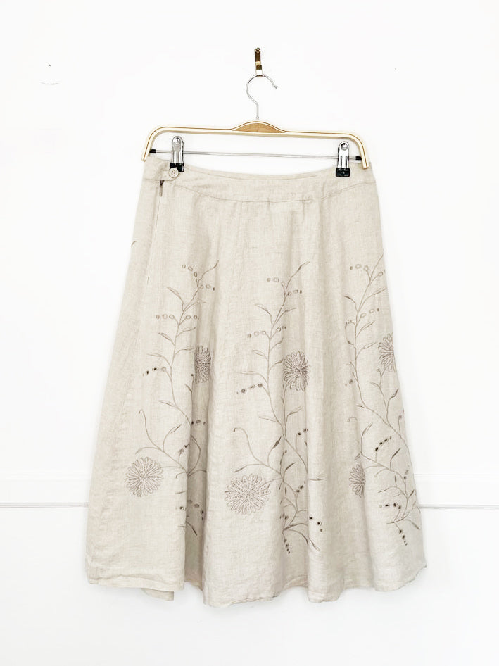 vintage 00s madison studio 100% linen embroidered floral flare midi skirt