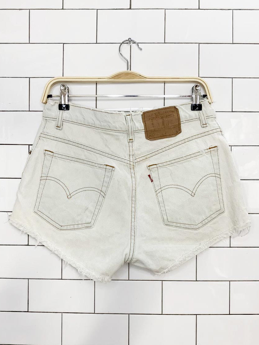 vintage 90s levi's 550 distressed relaxed bleach mini denim shorts