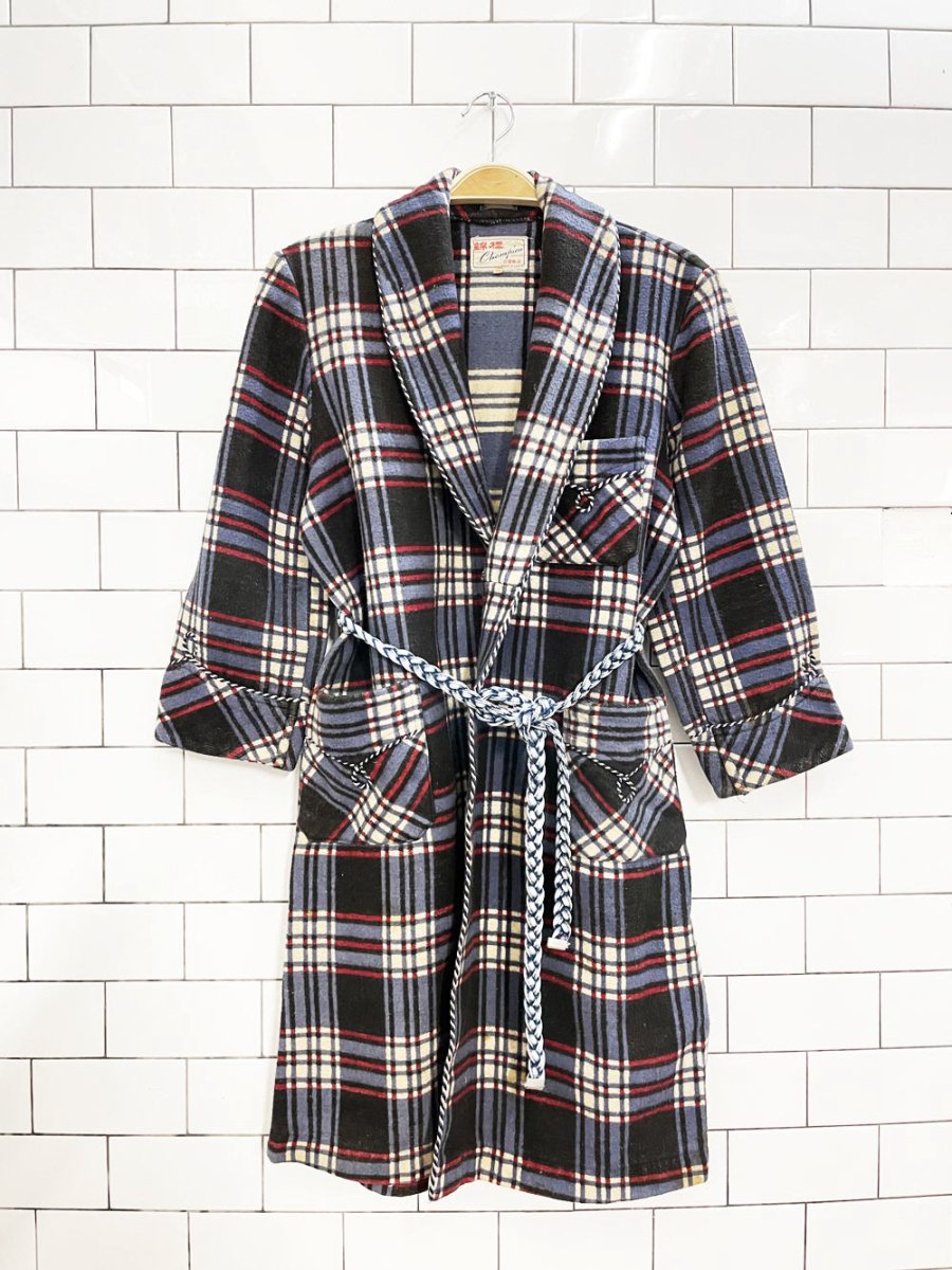 vintage 70s champion western braided trim plaid flannel housecoat jacket - good market thrift store