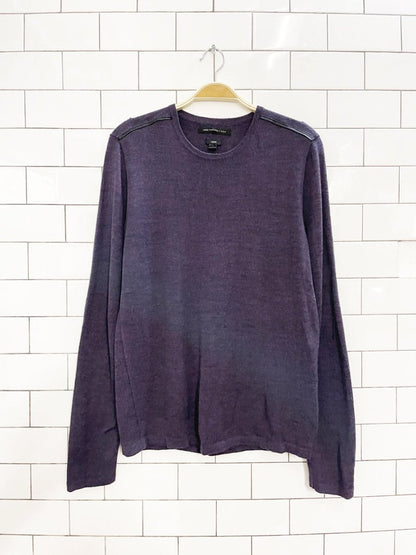 john varvatos merino wool blend lamb leather trim knit sweater | luxe - good market thrift store