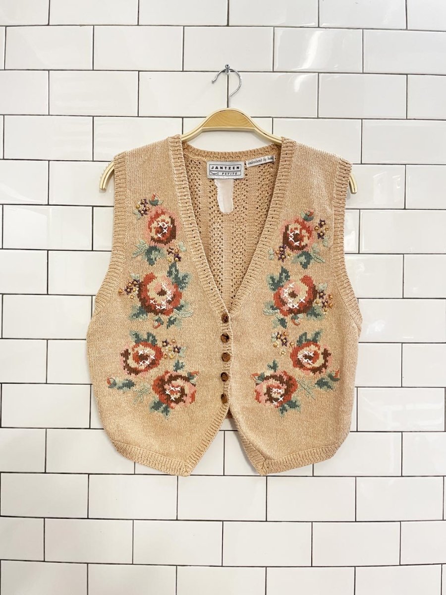 vintage 90s jantzen hand - embroidered floral knit vest - good market thrift store