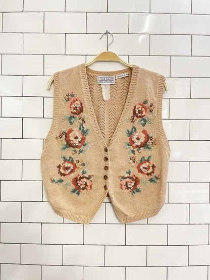 vintage 90s jantzen hand - embroidered floral knit vest - good market thrift store