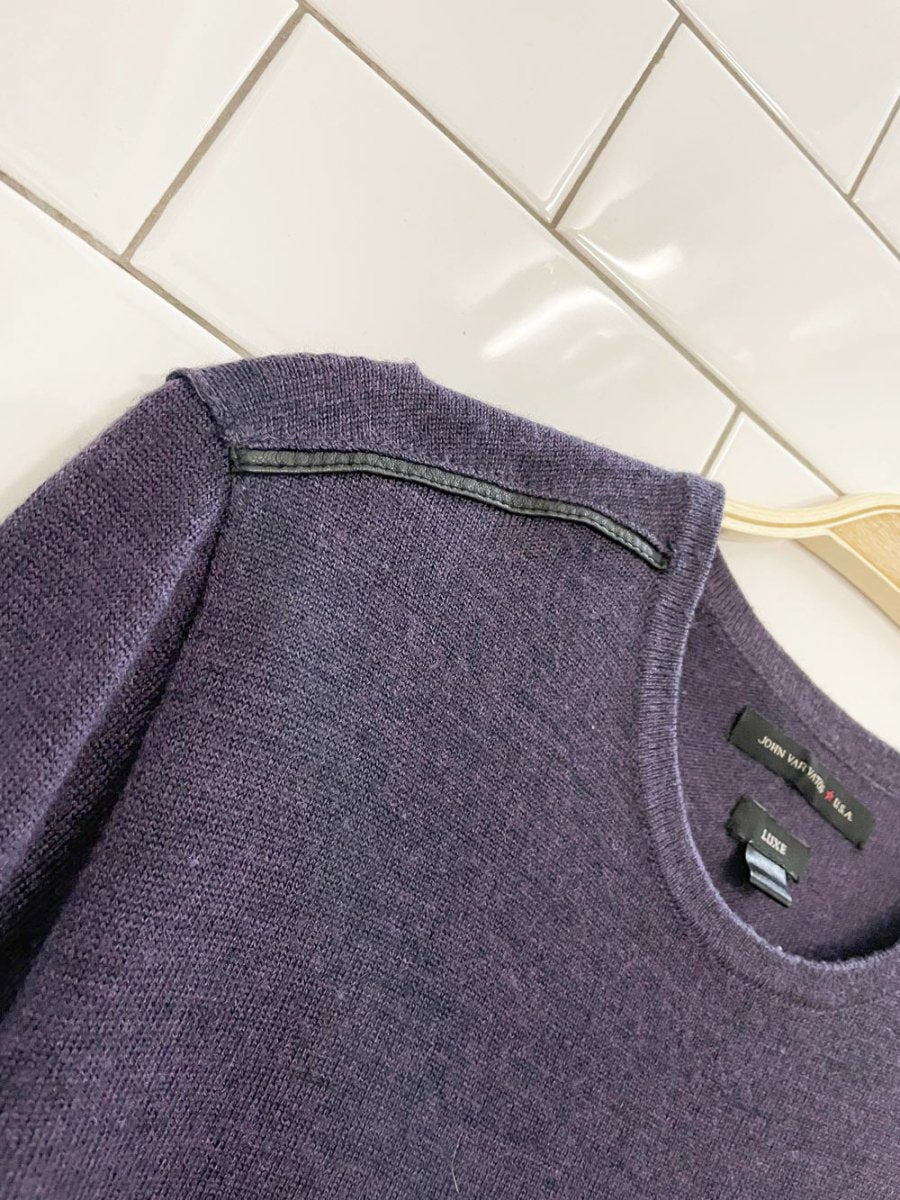 john varvatos merino wool blend lamb leather trim knit sweater | luxe - good market thrift store