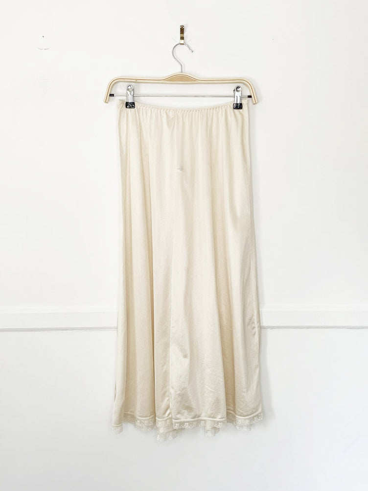 vintage montelle intimates minimal stripe lace trim sateen maxi slip skirt | made in canada