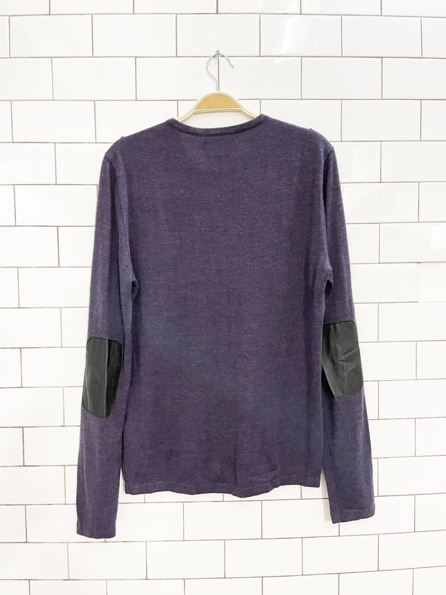 john varvatos merino wool blend lamb leather trim knit sweater | luxe - good market thrift store