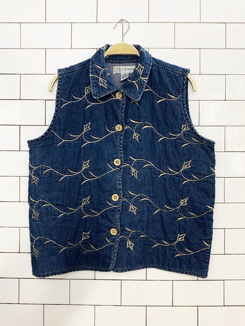 vintage 00s chrysantheme quilted embroidered denim vest