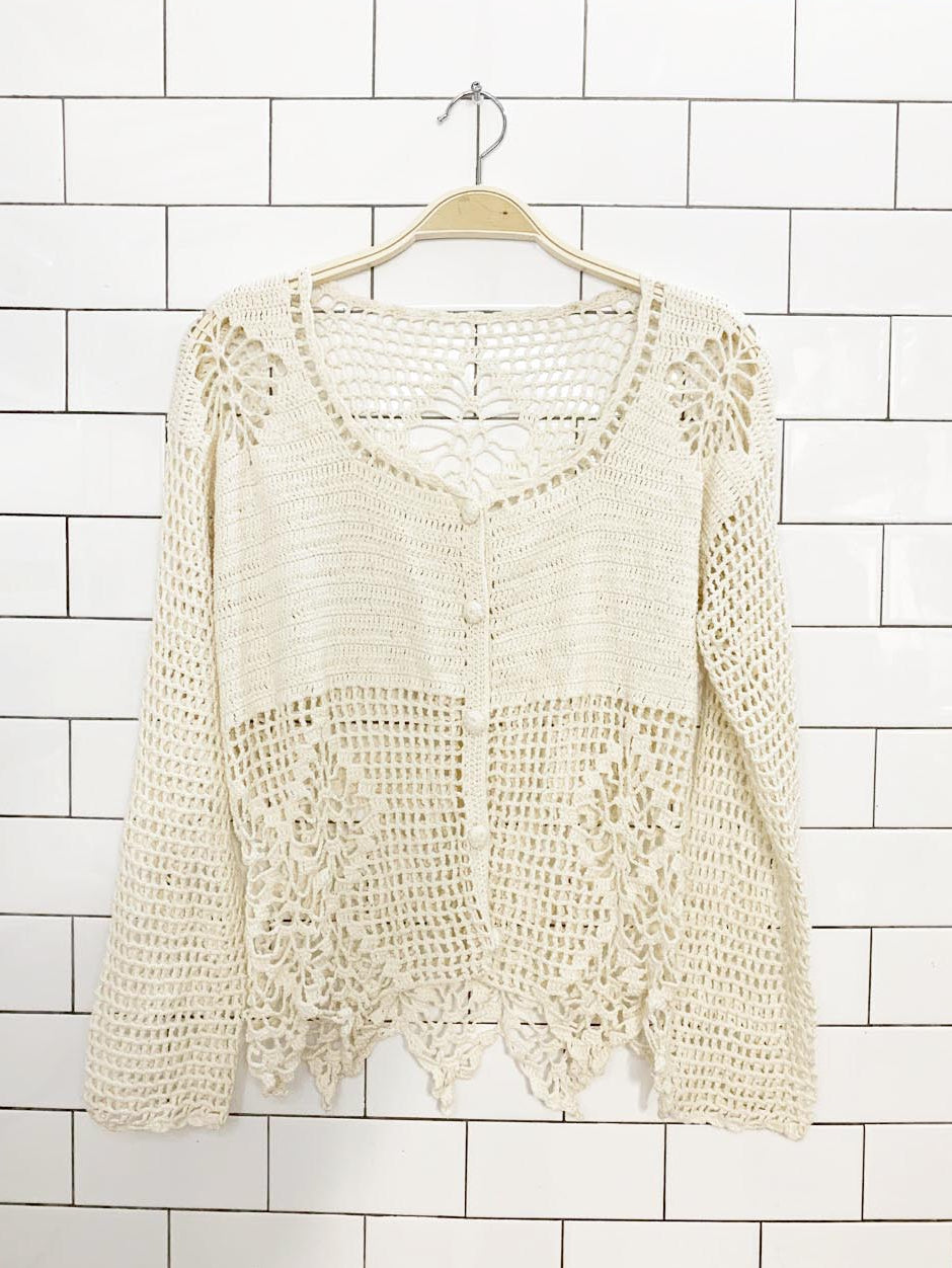 vintage crochet knit v-neck full button cardigan shirt