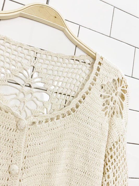 vintage crochet knit v-neck full button cardigan shirt