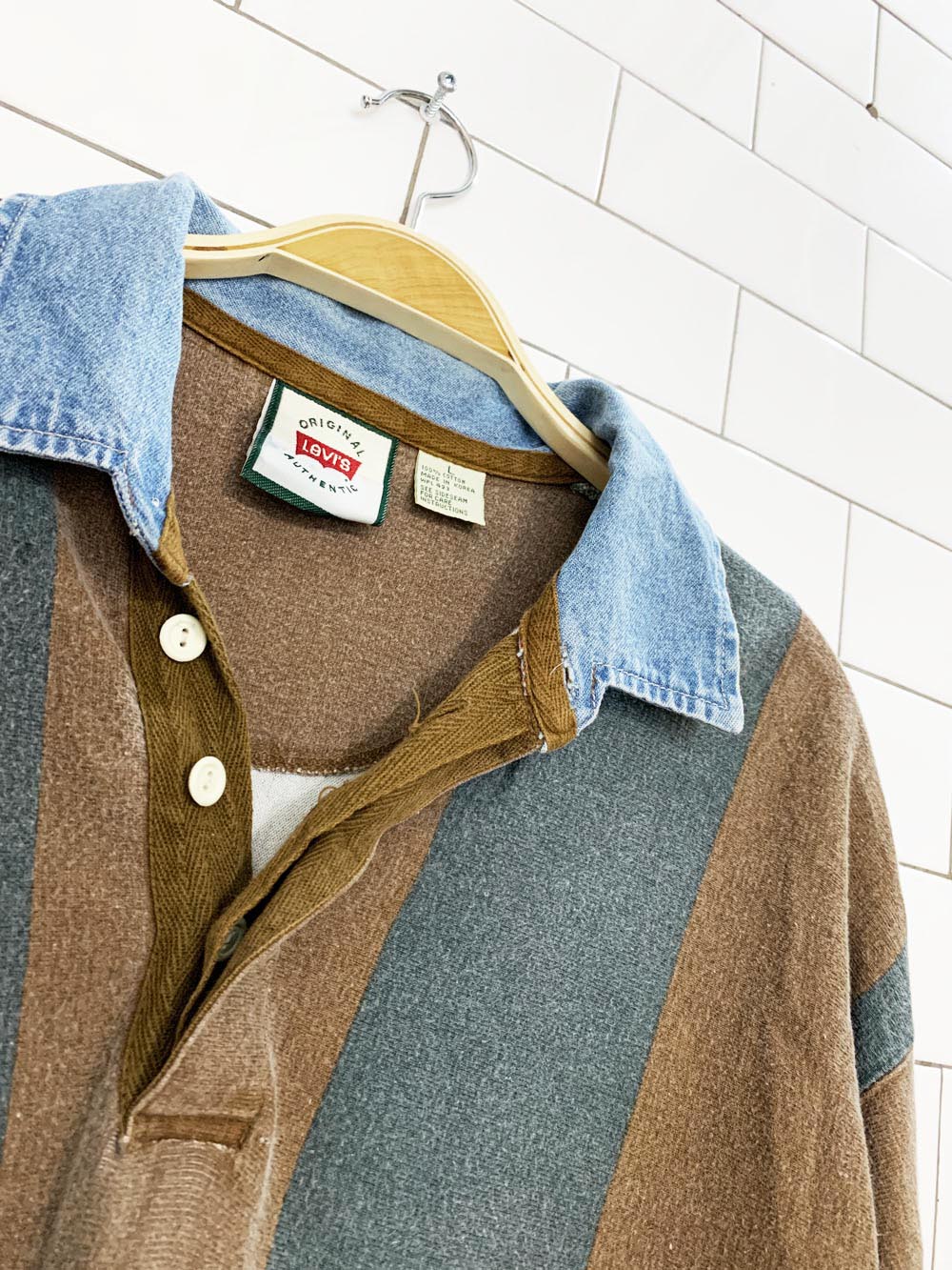 vintage 90s levi's two tone denim collar faded rugby pullover
