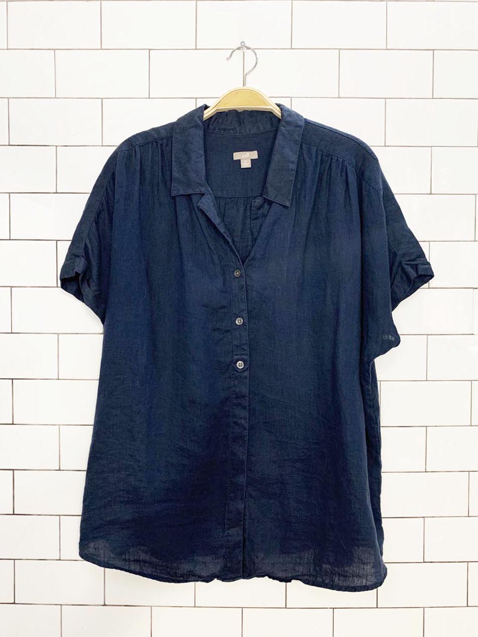 j jill 100% linen pleated shoulder full button shirt