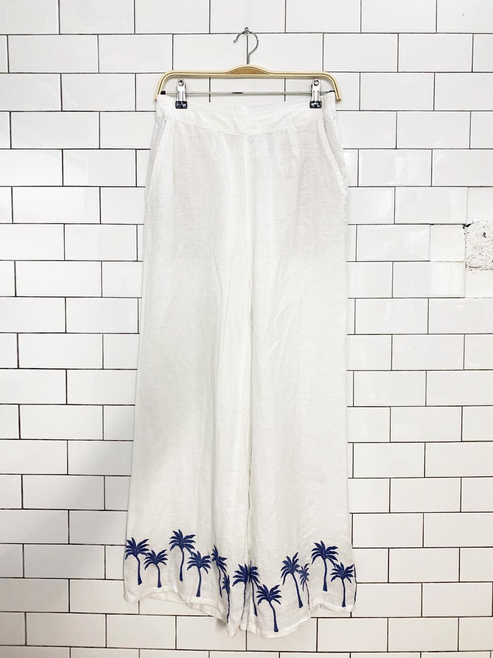 calypso st. barth 100% linen wide leg palm tree embroidered pants
