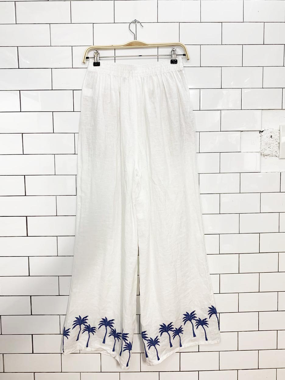 calypso st. barth 100% linen wide leg palm tree embroidered pants