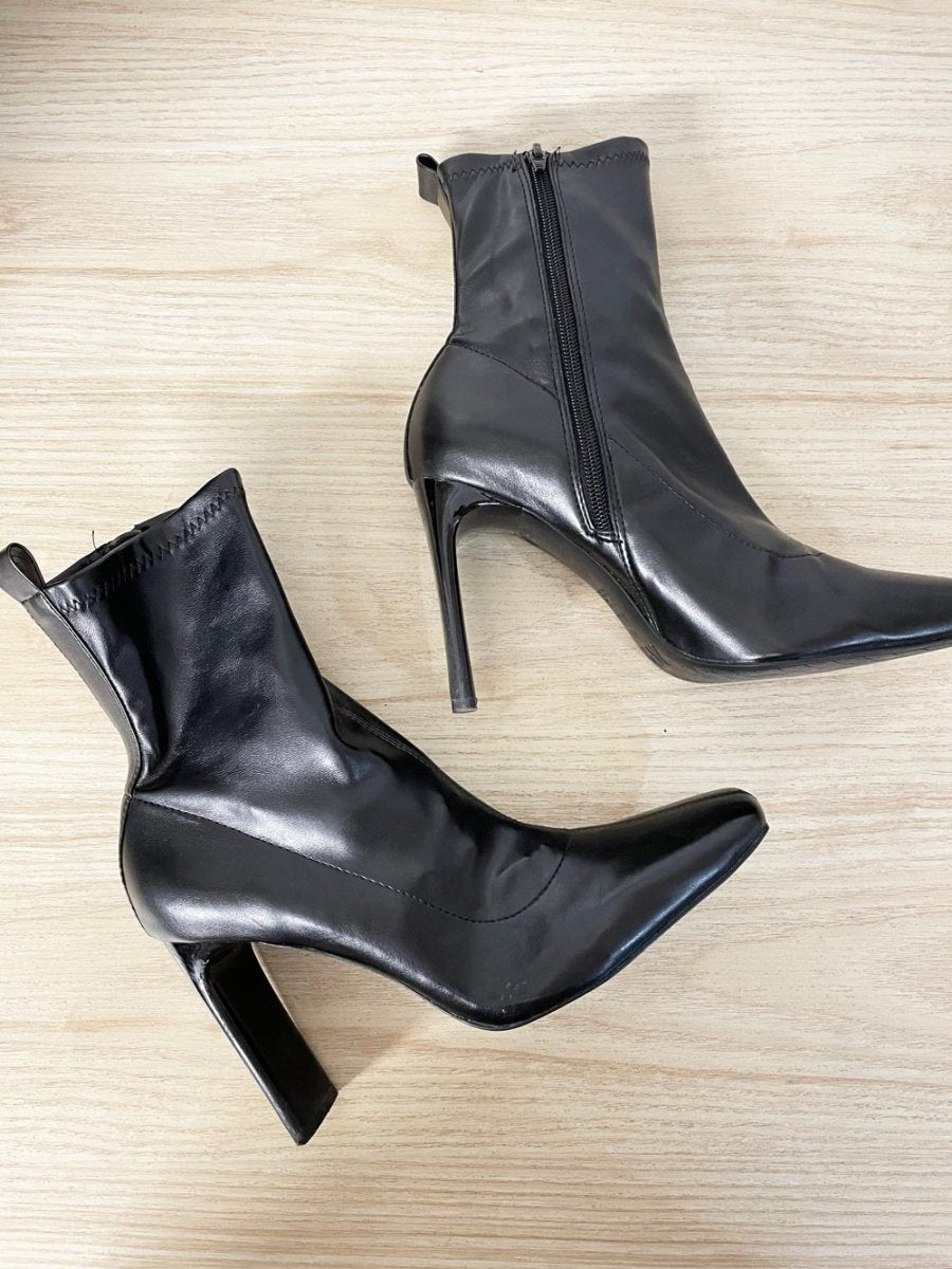 zara stretch patent sock heeled square toe boots - good market thrift store