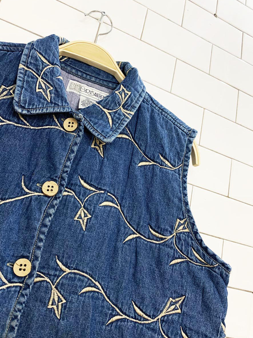 vintage 00s chrysantheme quilted embroidered denim vest