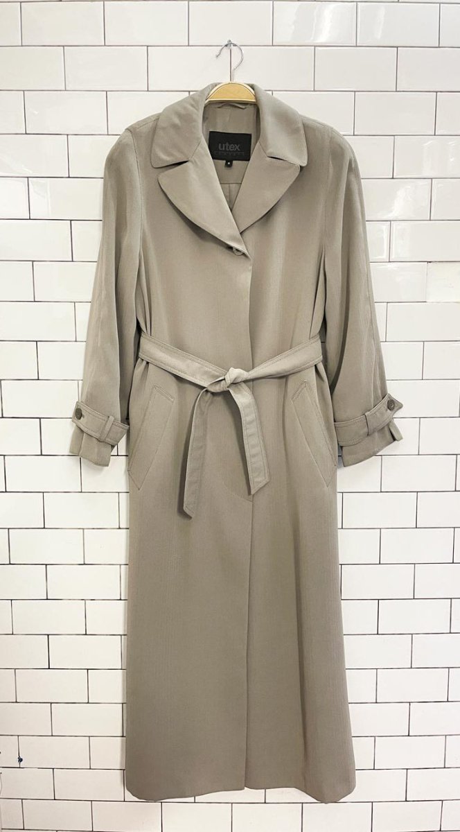 vintage utex herringbone pleated back minimal trench coat - good market thrift store