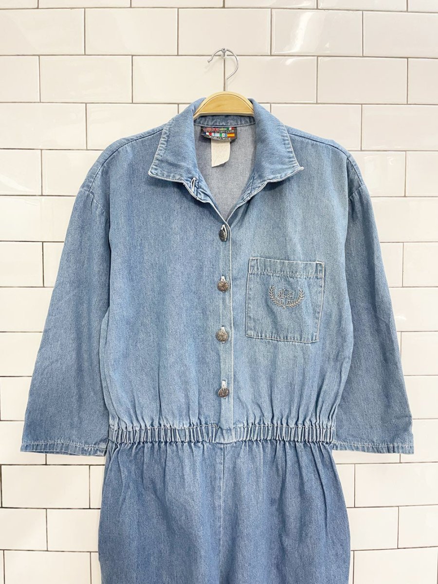 vintage 80s paris sport club crest pocket denim jumpsuit | made in USA - good market thrift store
