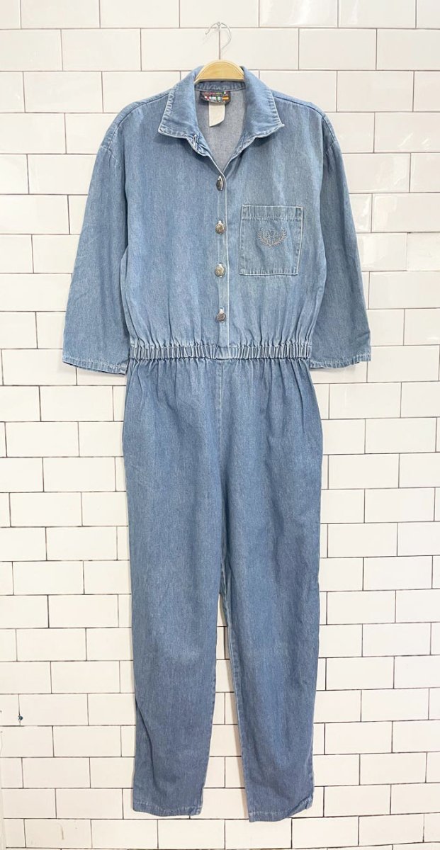 vintage 80s paris sport club crest pocket denim jumpsuit | made in USA - good market thrift store