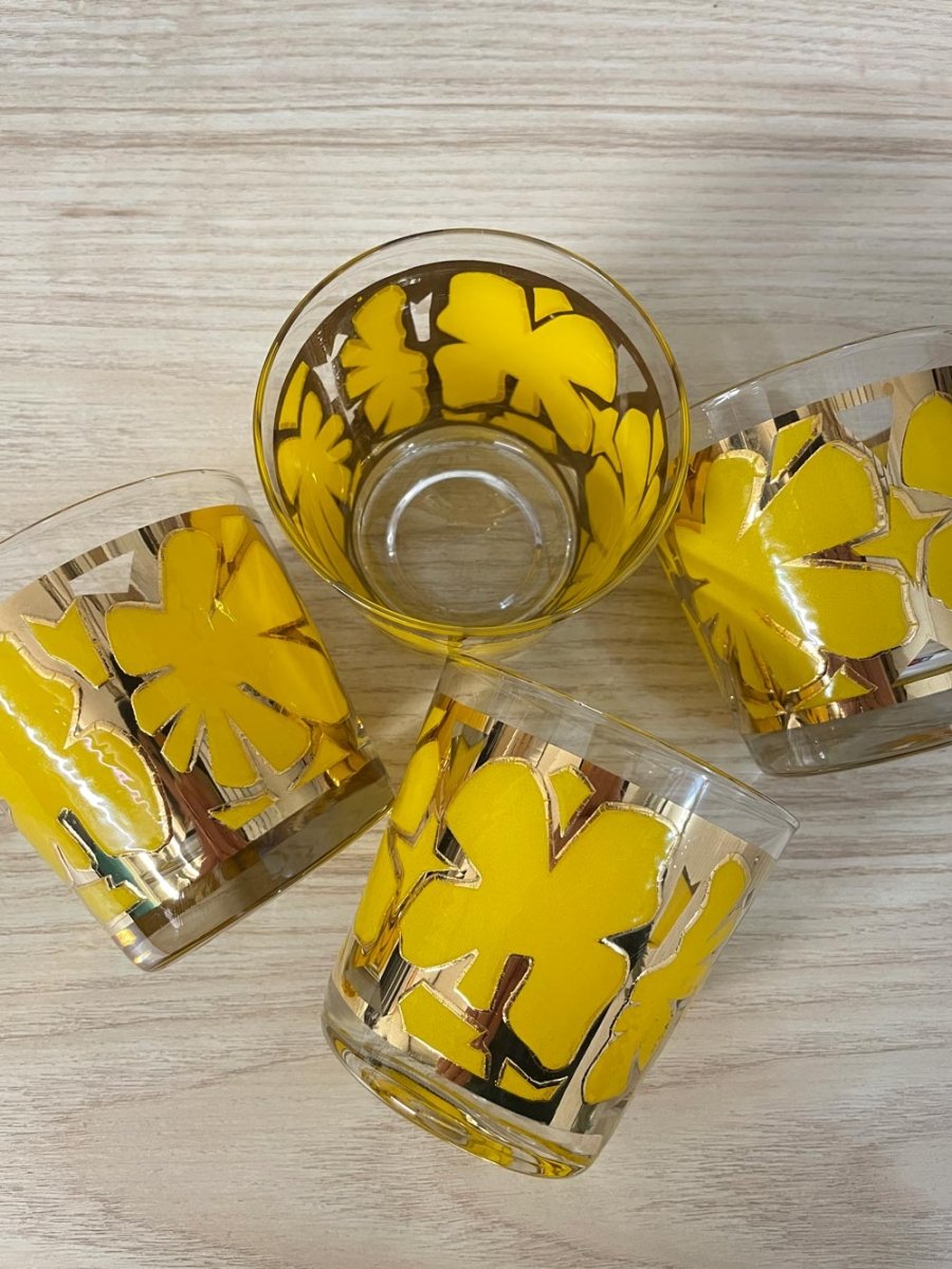 x4 vintage mcm gold yellow floral rock glasses - good market thrift store