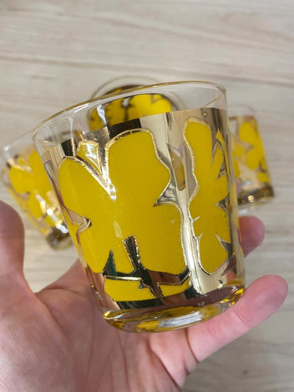 x4 vintage mcm gold yellow floral rock glasses - good market thrift store