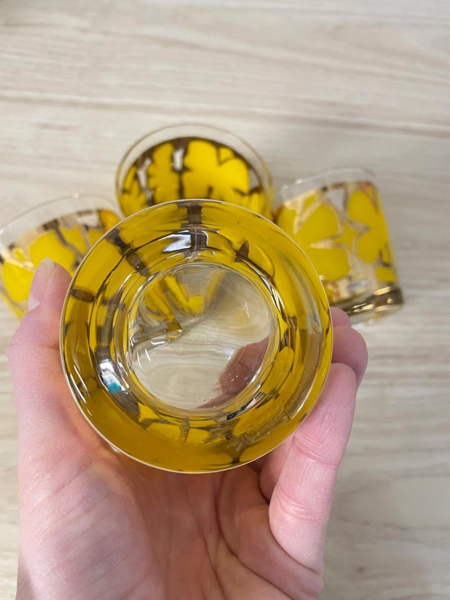 x4 vintage mcm gold yellow floral rock glasses - good market thrift store