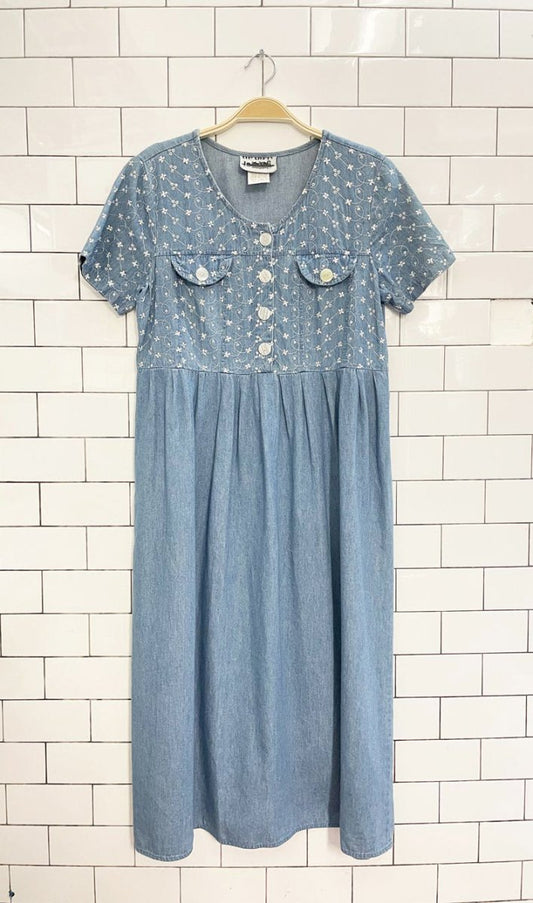 vintage 90s city lights flower embroidered denim maxi dress | made in USA - good market thrift store