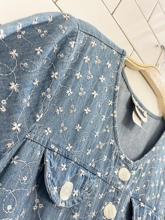 vintage 90s city lights flower embroidered denim maxi dress | made in USA - good market thrift store