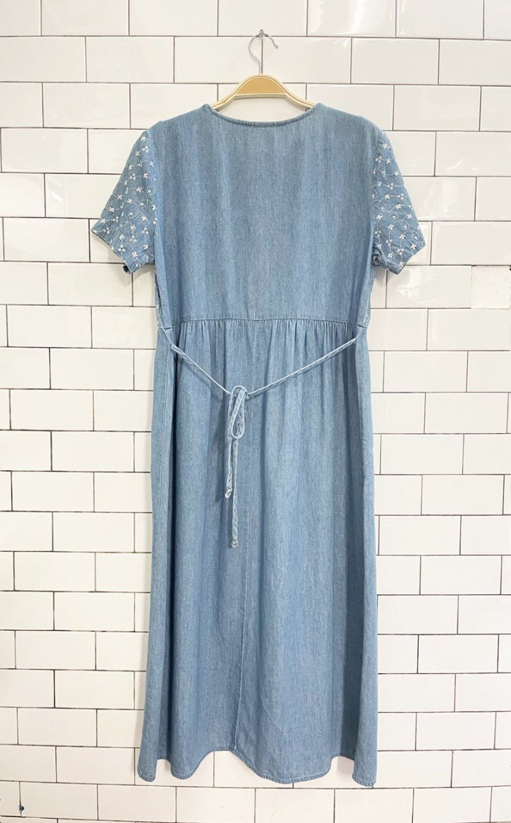 vintage 90s city lights flower embroidered denim maxi dress | made in USA - good market thrift store