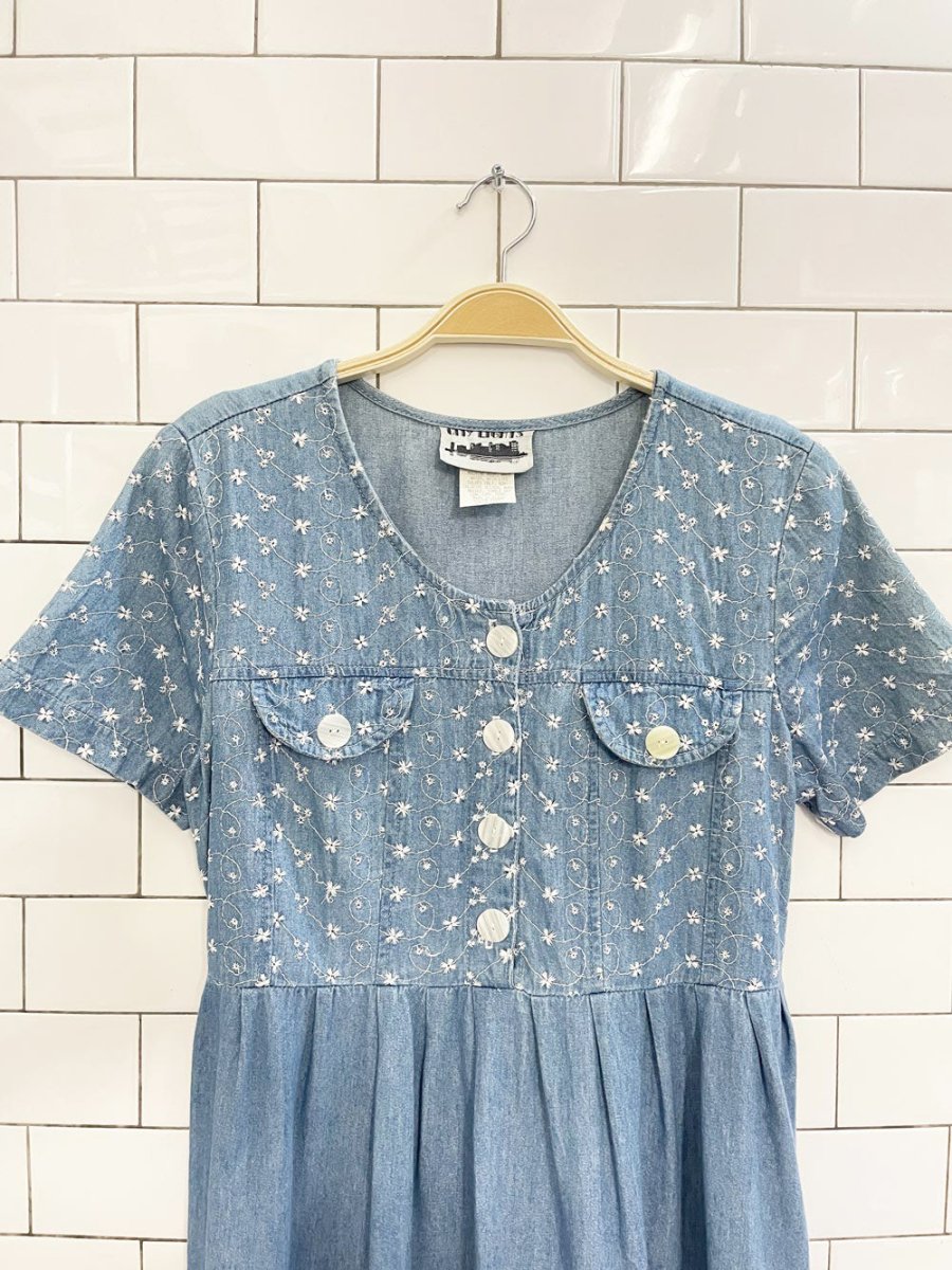 vintage 90s city lights flower embroidered denim maxi dress | made in USA - good market thrift store
