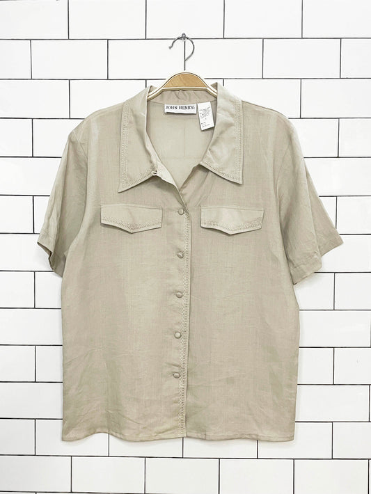 vintage 00s john henry 100% ramie linen embroidered resort shirt