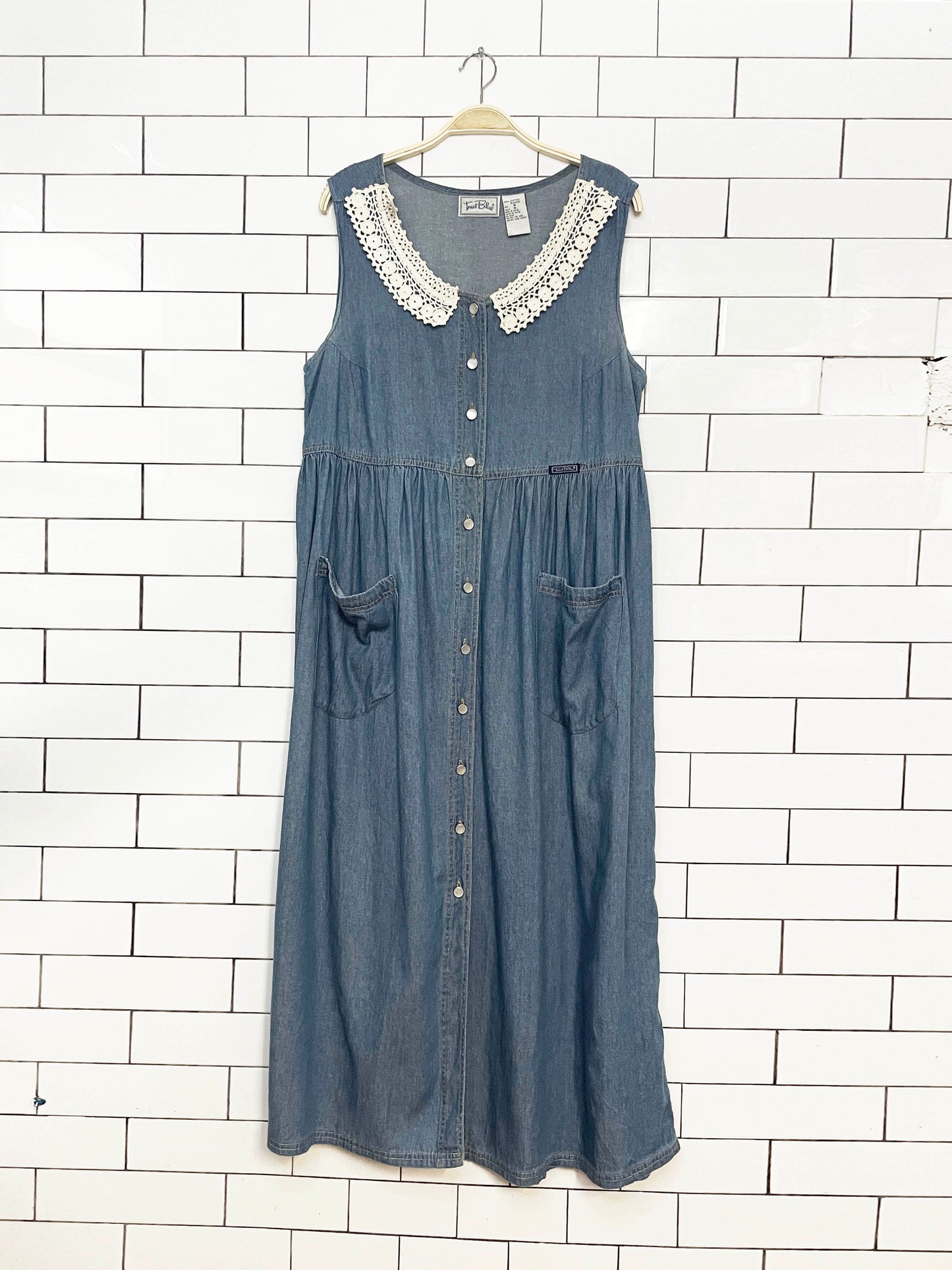 vintage 90s true blue crochet collar full button chambray denim maxi dress