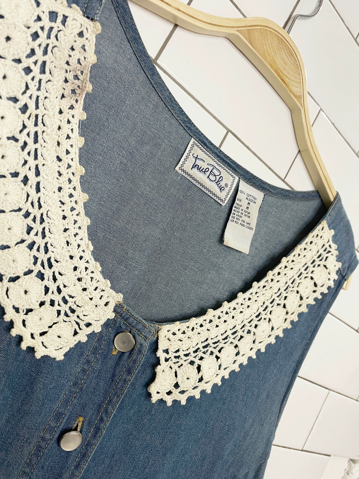 vintage 90s true blue crochet collar full button chambray denim maxi dress