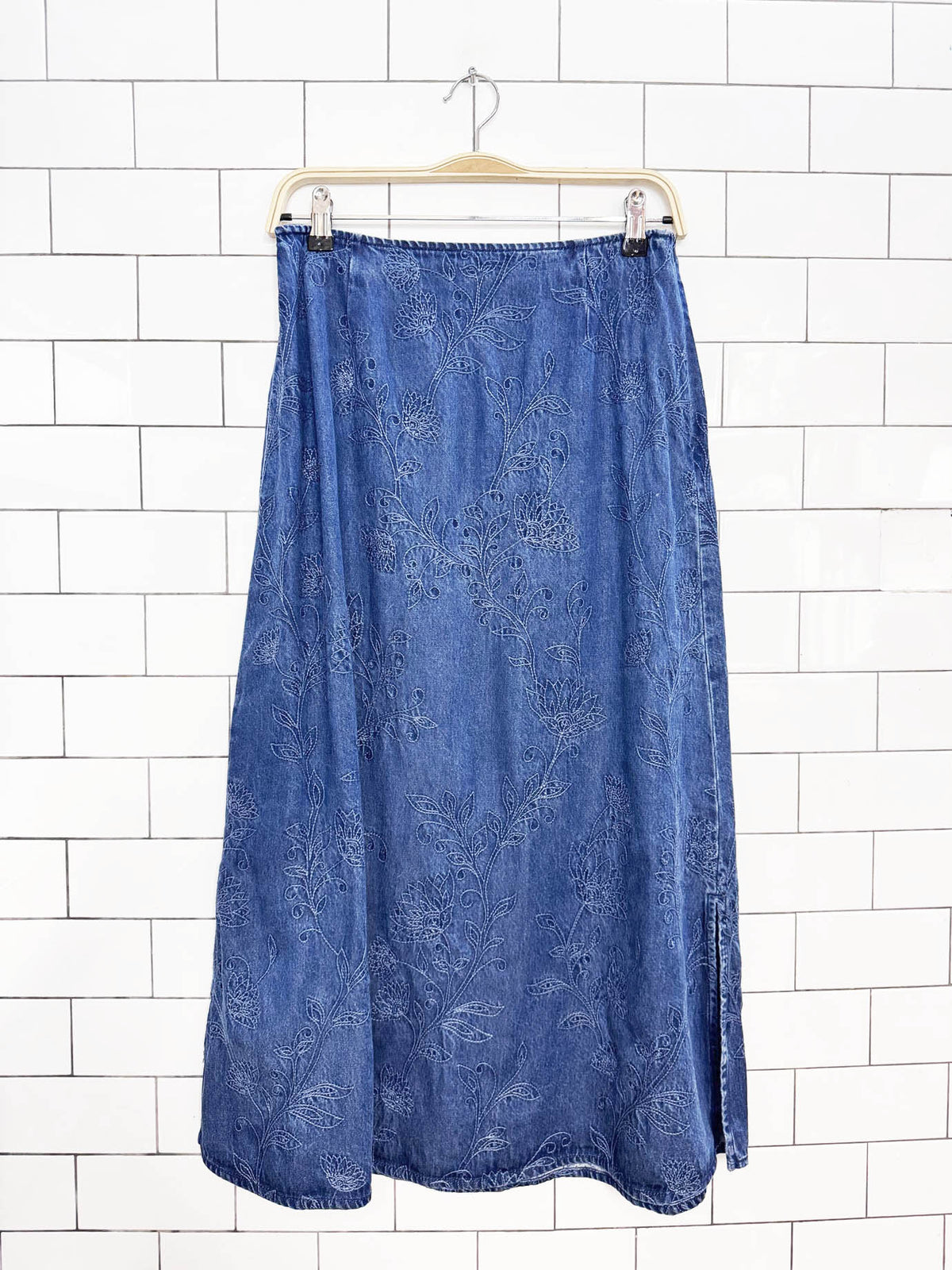 vintage 90s talbots embroidered floral denim maxi skirt