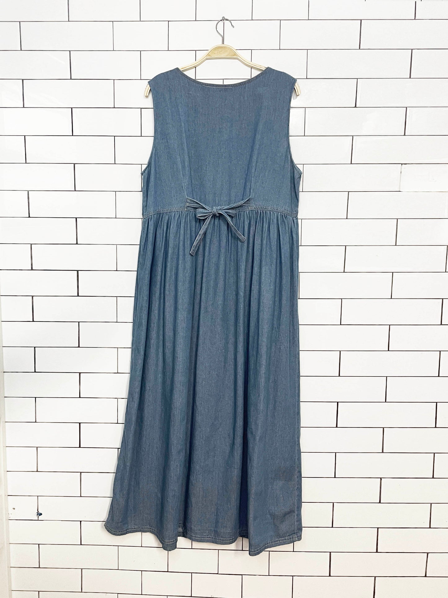 vintage 90s true blue crochet collar full button chambray denim maxi dress